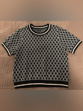 Adrianna Papell Black Cream & Pink Crewneck Patterned Short Sleeved Sweater